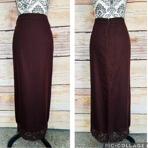 Spenser Jeremy Women’s Vintage Brown Linen Blend Crochet Sequin Trim Midi Skirt